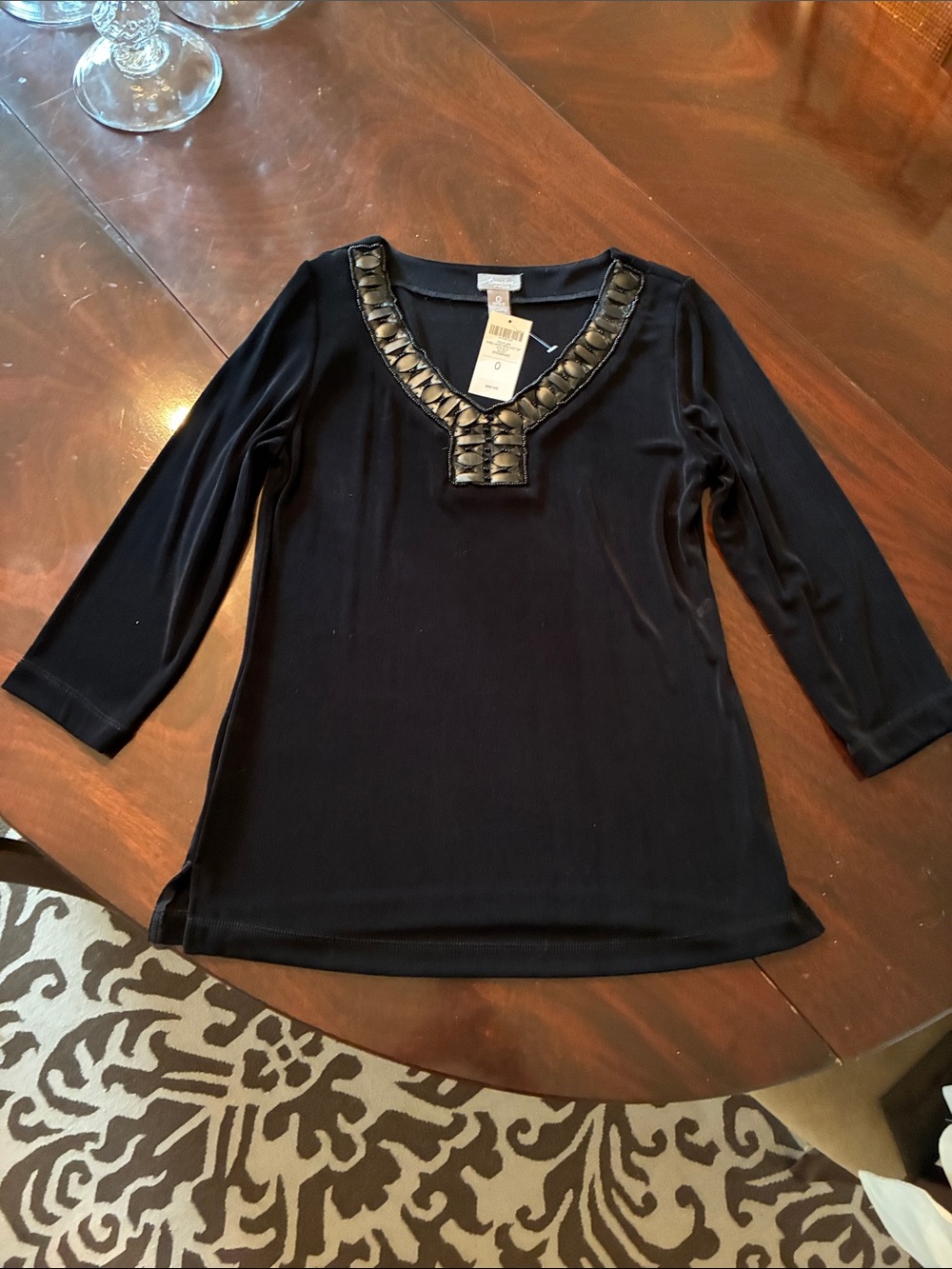 Chico's Black V-Neck Tunic with Decorative Trim
